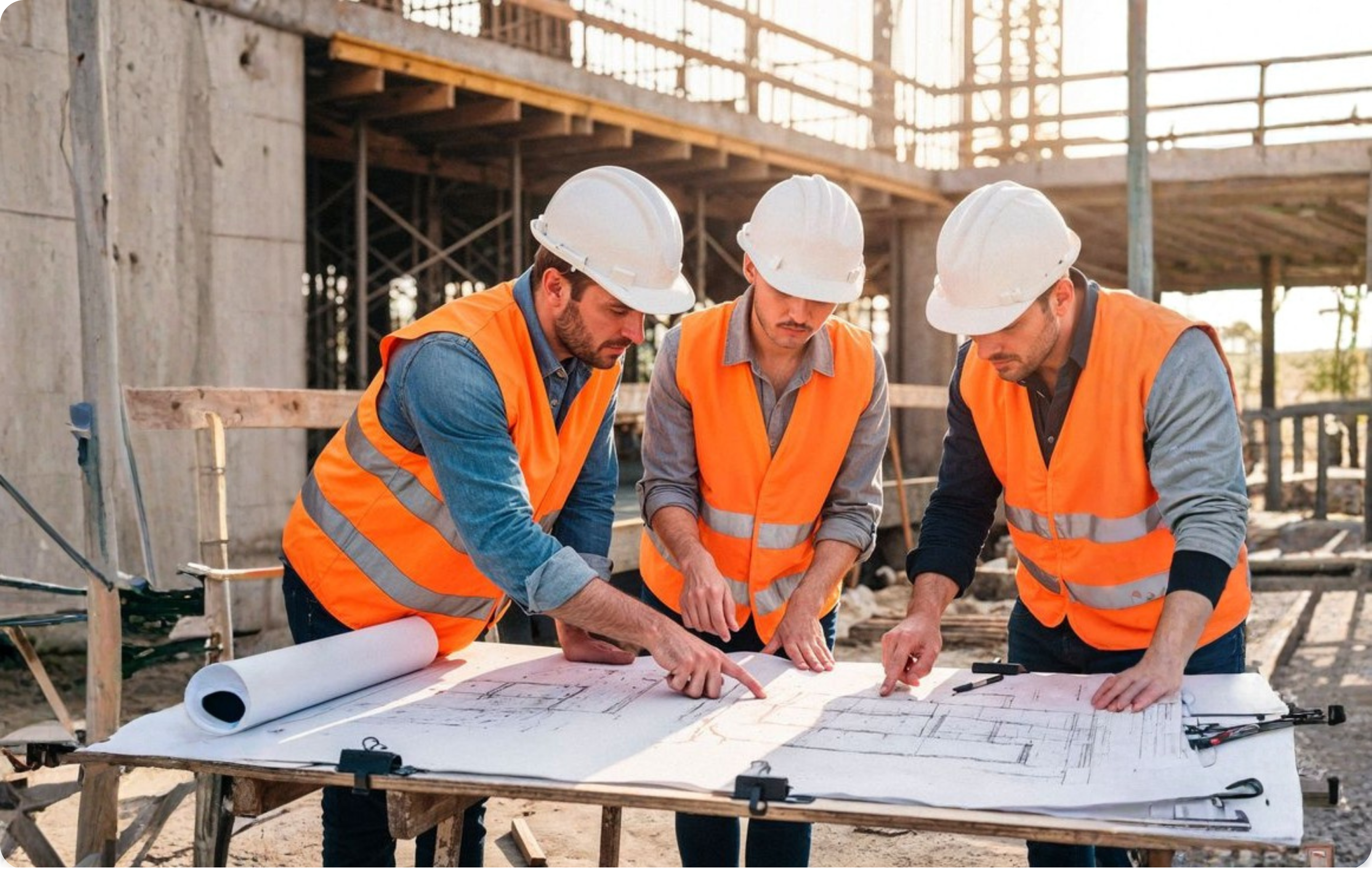 Construction team reviewing plans