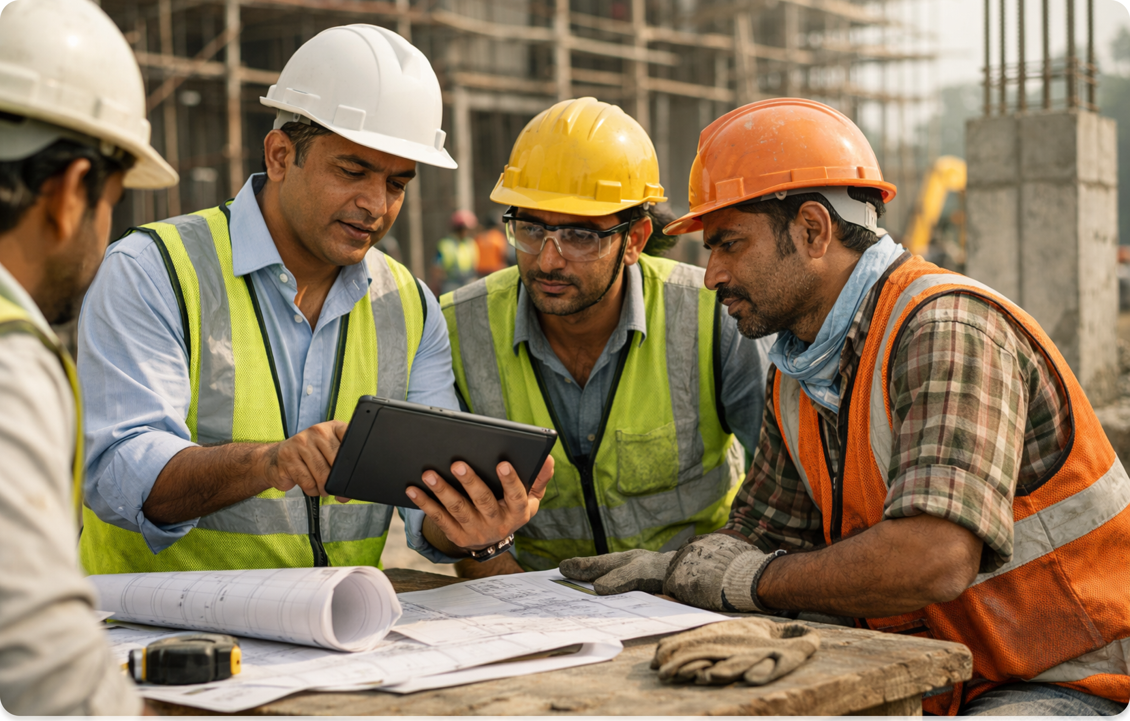 Construction team discussing project plan